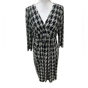 Jones New York Black & White check v neck faux wrap Jersey long sleeve dress 12